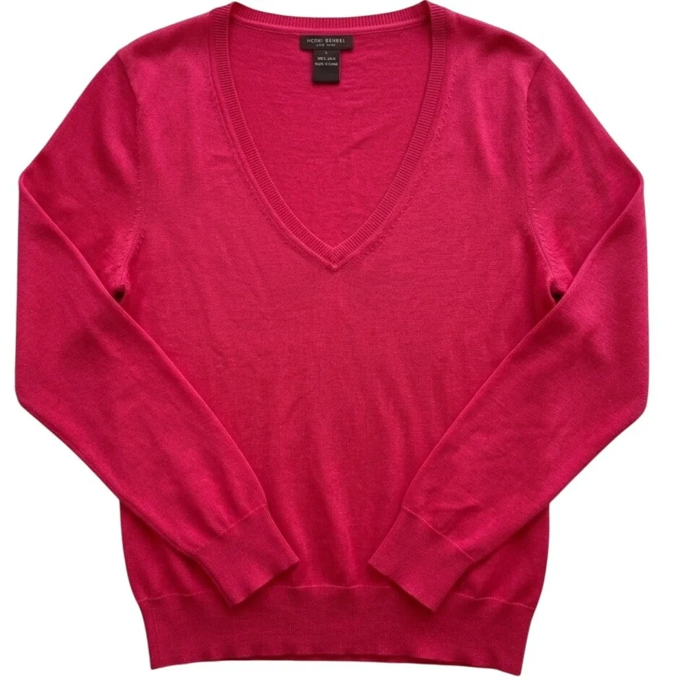 Henri Bendel V-Neck Sweater Womens Large Red Pink 100% Silk Fine Knit Luxury